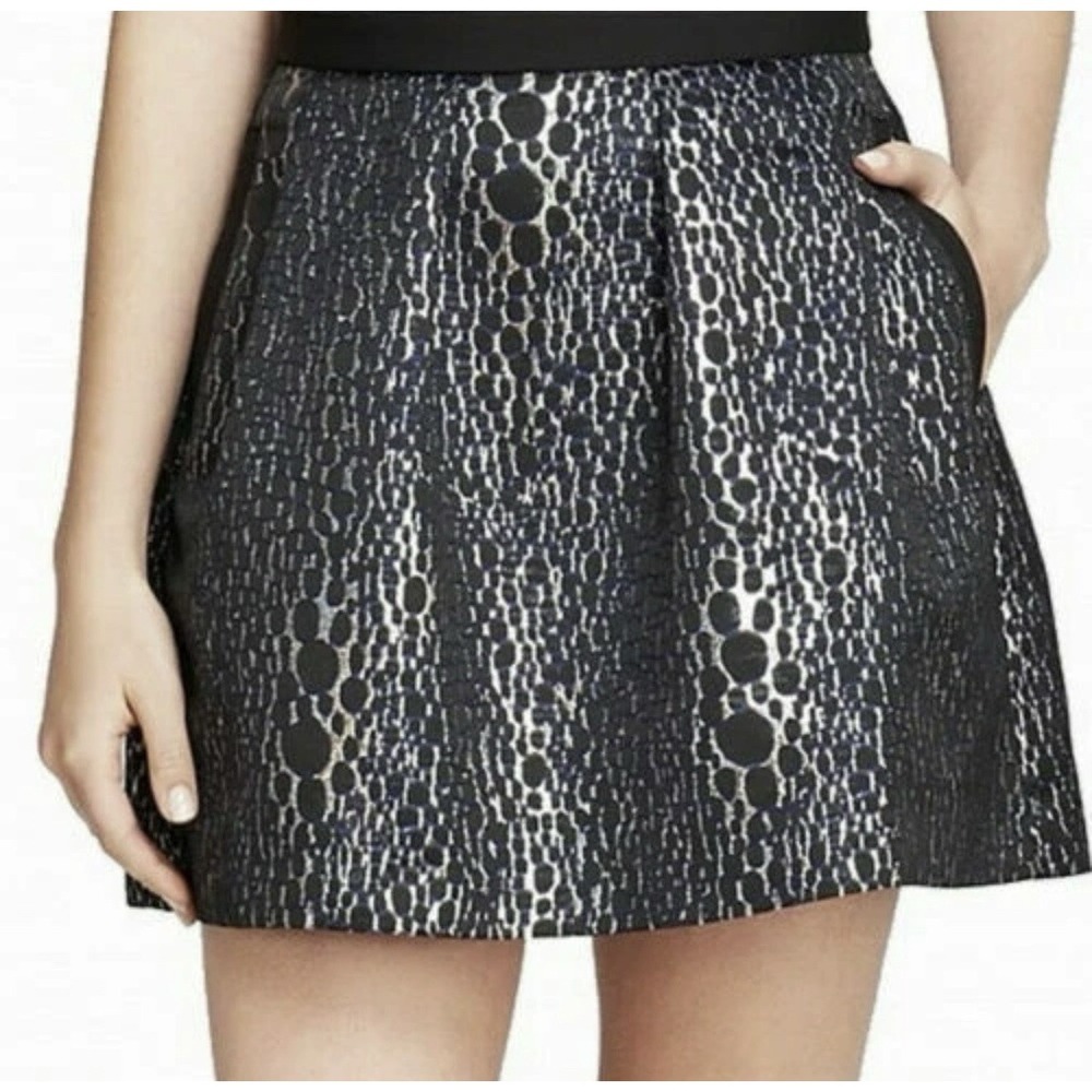 French Connection Black Metallic Flare Skirt 10 Textured Blue Silver Shimmer